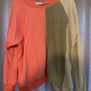 Easel Colorblock Crew Neck Sweater - Coral and Olive
